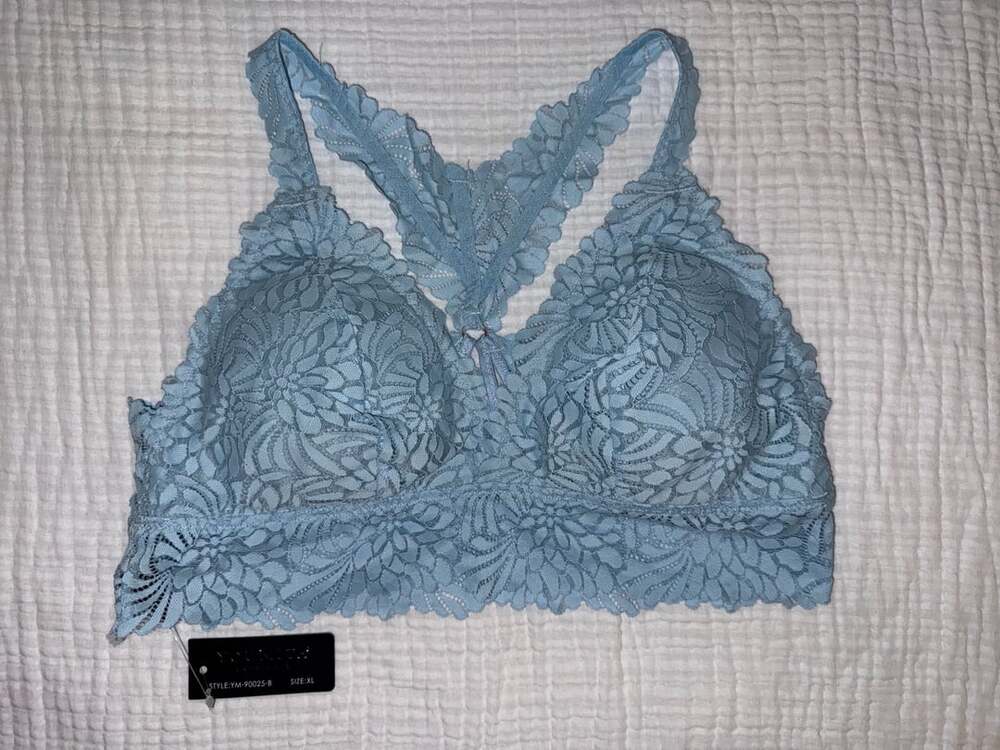 Youmita Dusty Blue Floral Lace Racerback Bralette XL NWT Padded Wireless